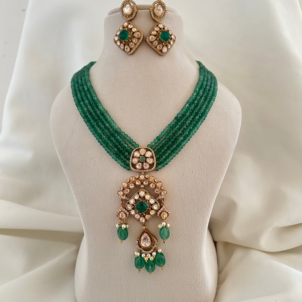 Emerald Beaded Long Pendant Set