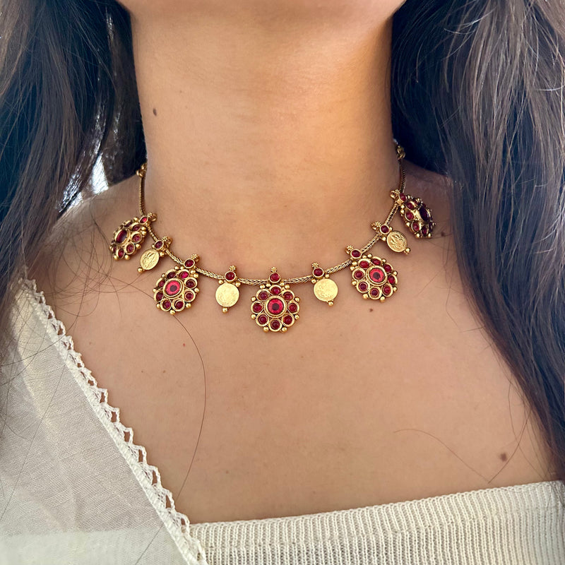 Ruby Floral Coin Necklace Set
