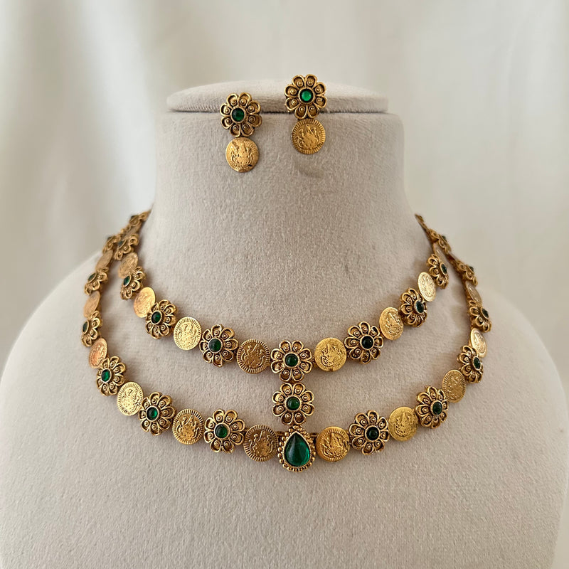 Emerald Floral Coin Necklace Set