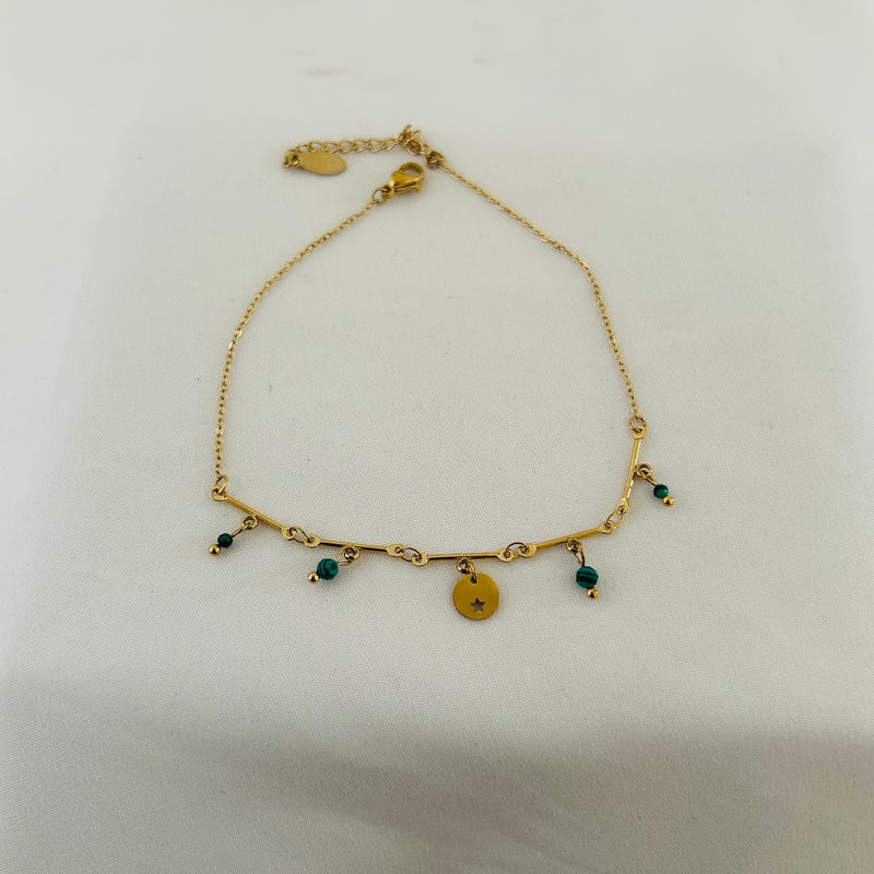 Green Bead Charm Gold Anklet