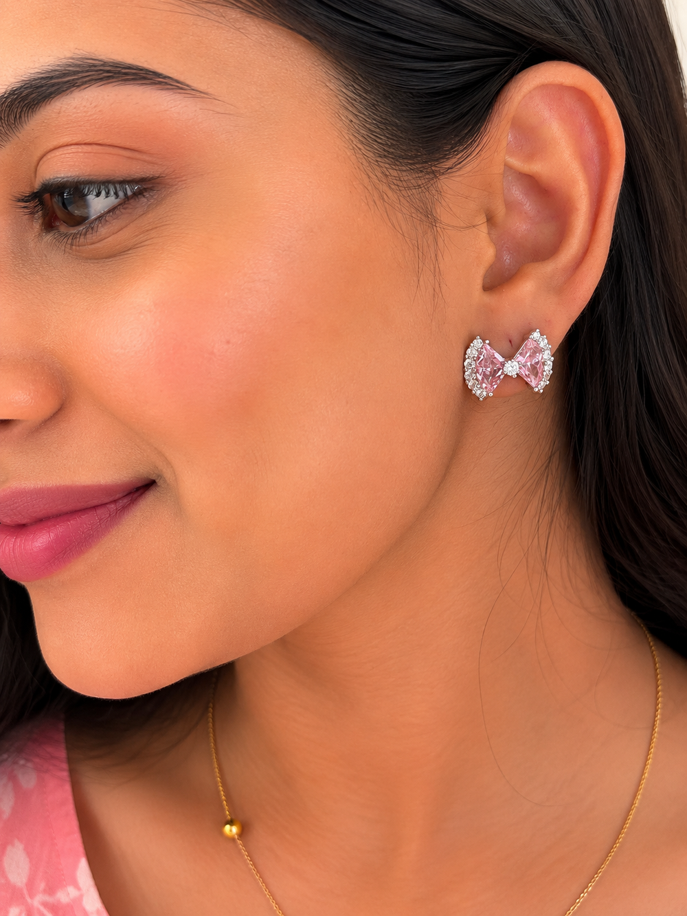 Pink Bow Sparkle Stud Earrings
