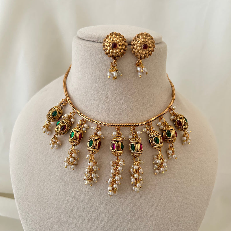Pearl Drop Temple Necklace Set