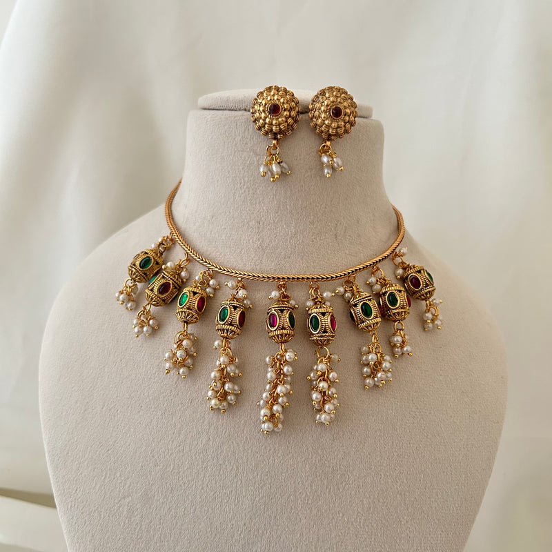 Pearl Drop Temple Necklace Set