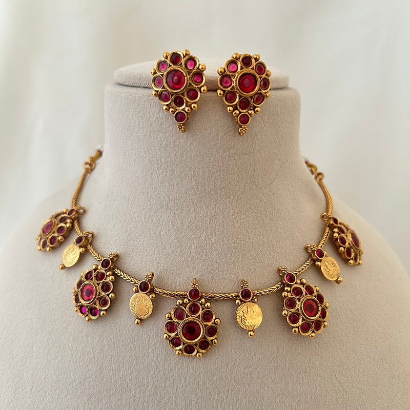 Ruby Floral Coin Necklace Set