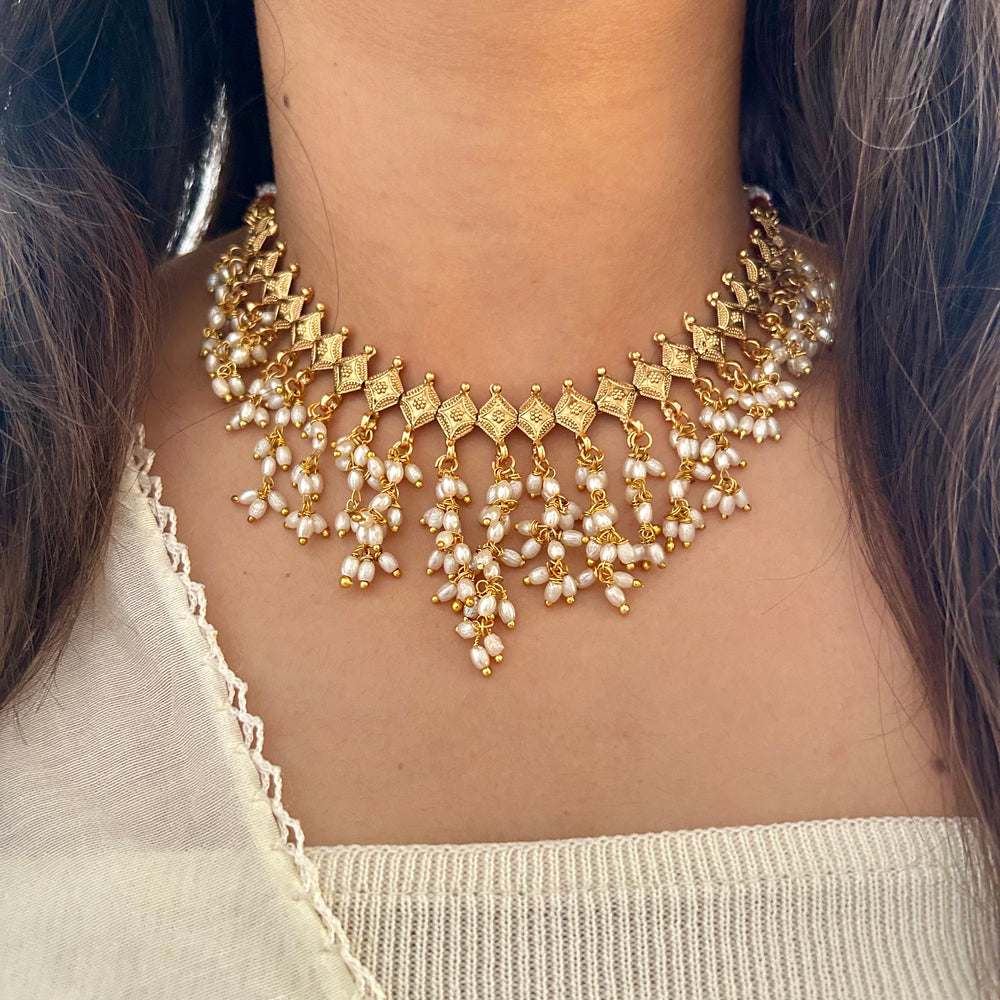 Royal Pearl Fringe Choker Necklace Set