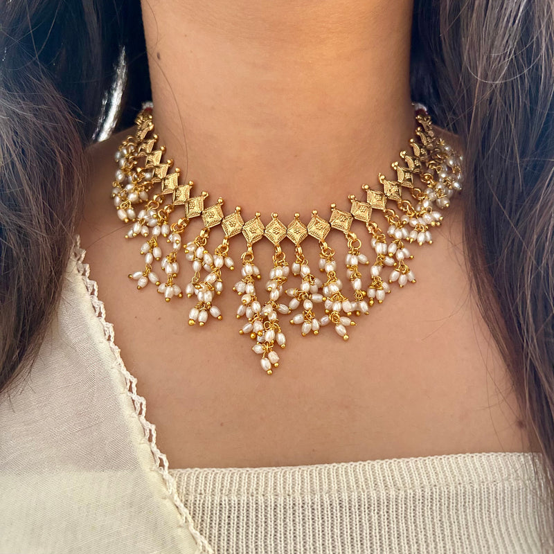 Royal Pearl Fringe Choker Necklace Set