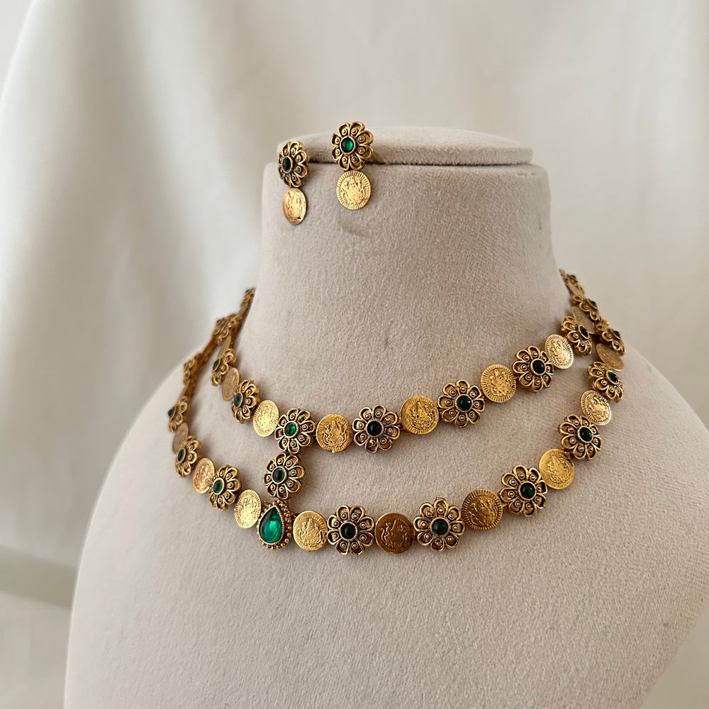 Emerald Floral Coin Necklace Set