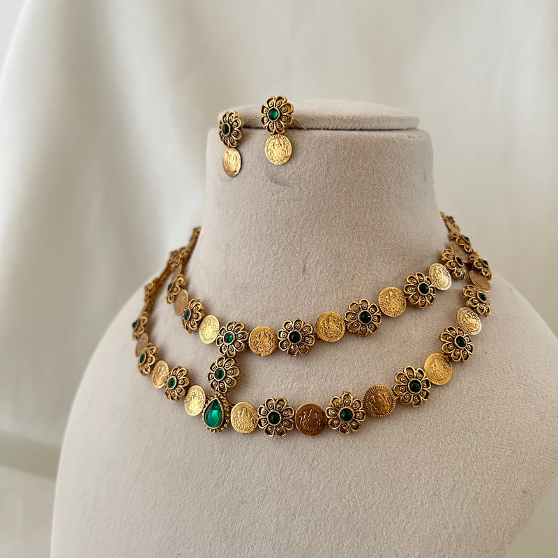 Emerald Floral Coin Necklace Set
