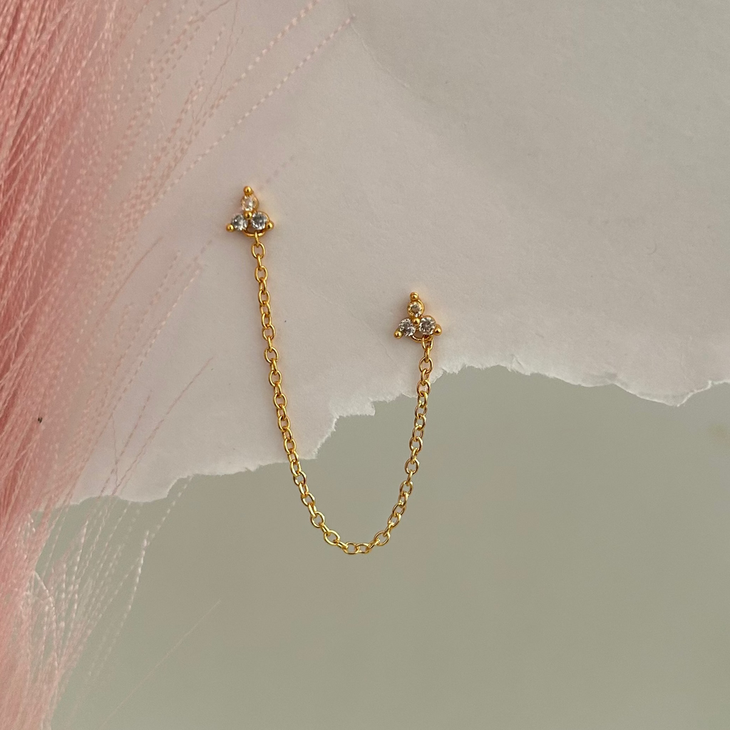 Minimal gold dual piercing chain earring with small stud ends